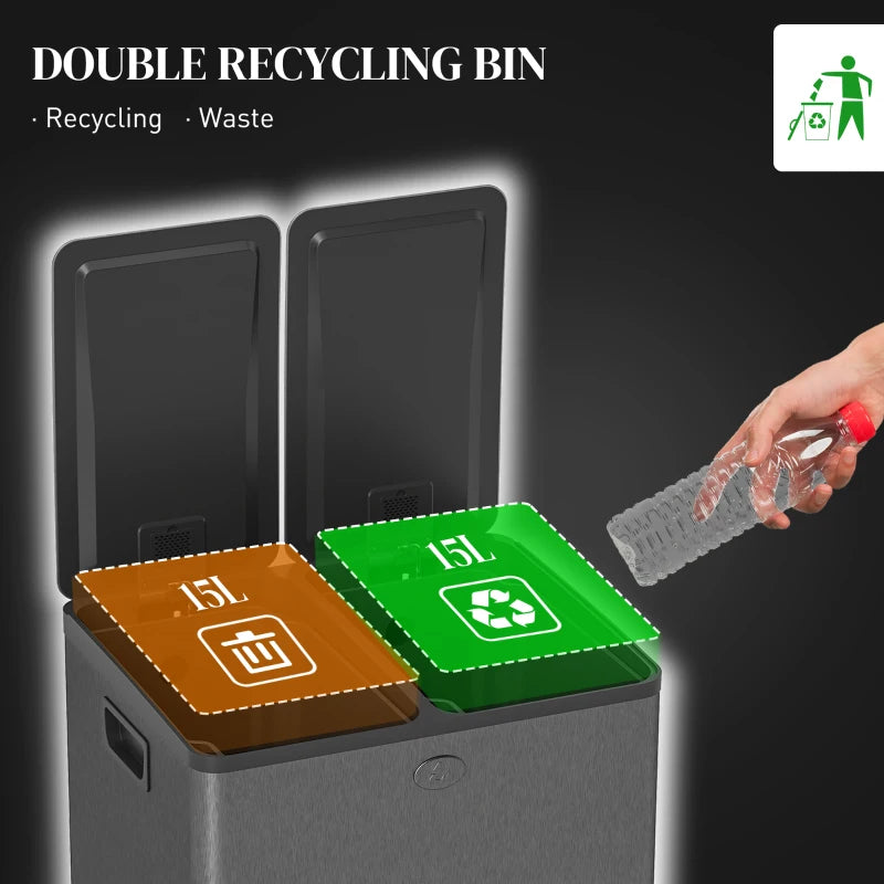 30L Dual Compartment Stainless Steel Trash Bin with Deodoriser Holders - Stylish Black Waste Solution for Home & Office