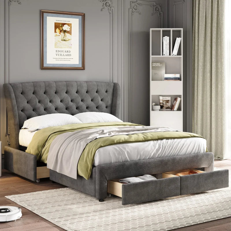 Grey Upholstered Storage Bed with 4 Drawers & Soft Backrest - Metal Frame, 204L x 156W x 106H cm