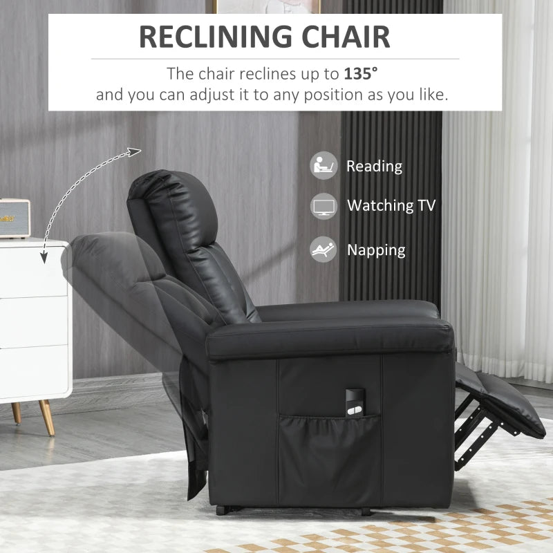 Power Lift Recliner Chair for Elderly - PU Leather Armchair with Extended Footrest, Remote Control and Side Pocket, Black
