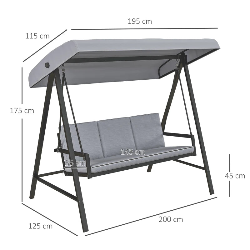 Grey 3-Seat Garden Swing Chair with Adjustable Canopy