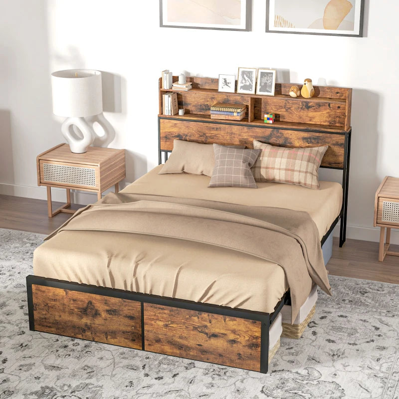 Industrial Style Double Bed Frame with Storage Headboard and Slatted Support 141x207cm Rustic Brown
