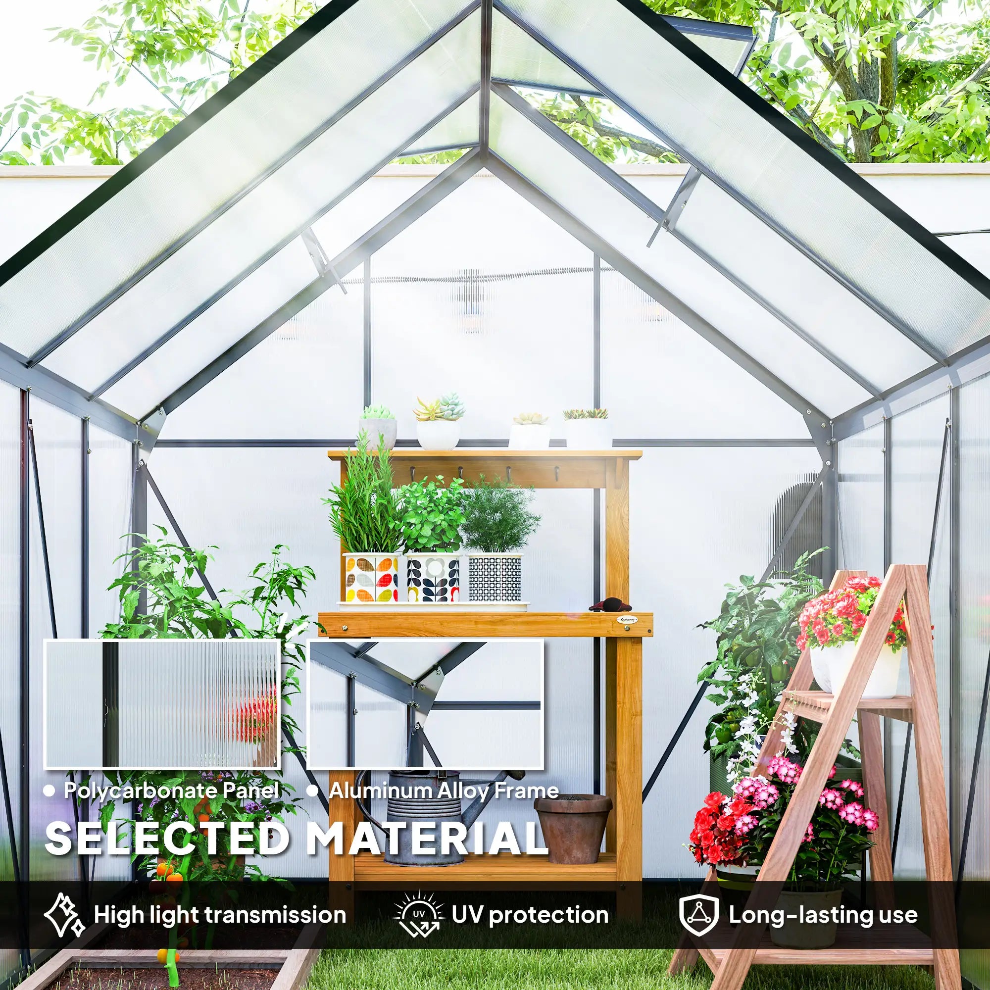 190cm x 190cm Walk-In Polycarbonate Greenhouse With Window - Grey