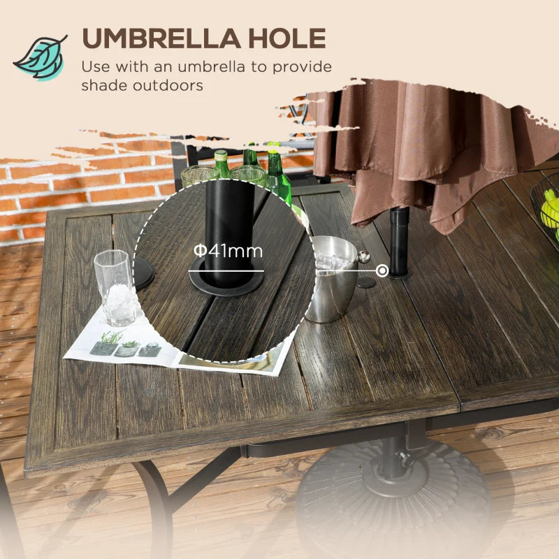 Wood-Effect Steel Garden Table for Six with Parasol Hole - Grey