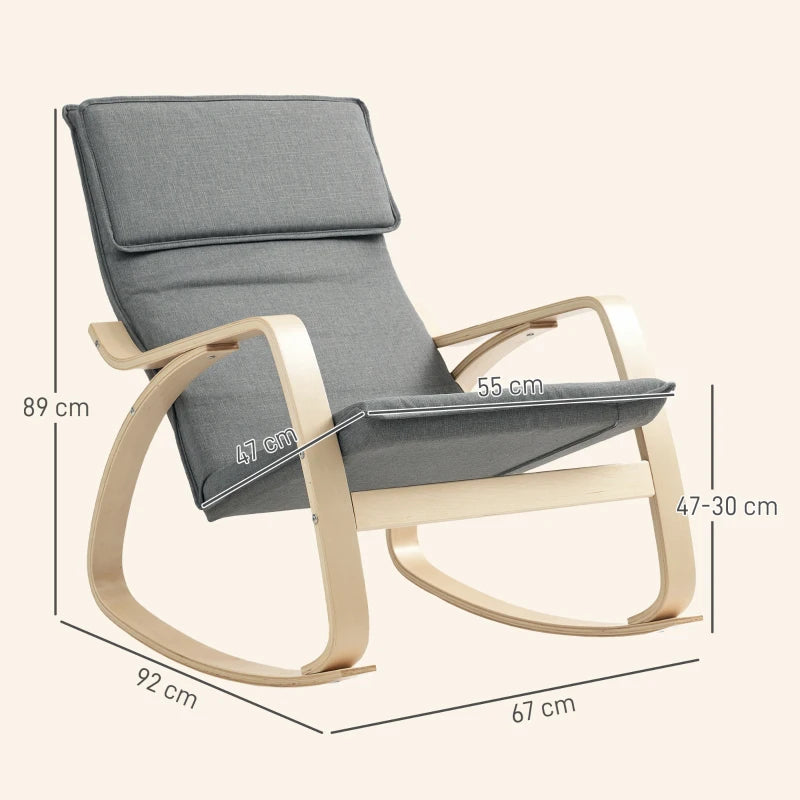 Comfortable Upholstered Rocking Chair with High Back and Headrest for Living Room and Bedroom in Grey
