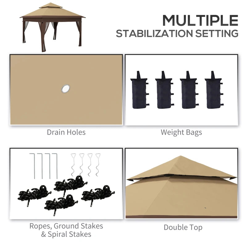 Khaki Pop-Up Gazebo with Mosquito Netting and Double Roof