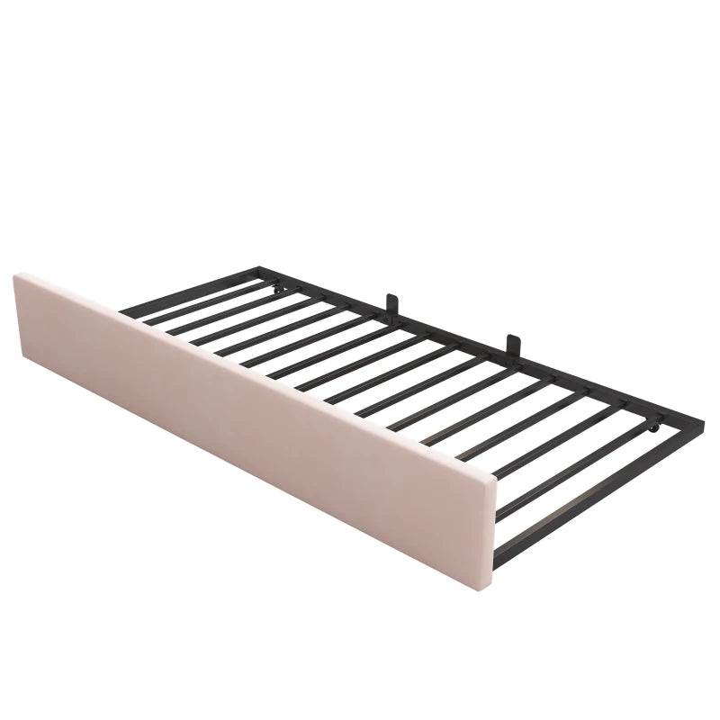 Pink Upholstered Daybed with Pull-Out Bed, 3FT Single Sofa Bed, Metal Slatted Frame, Easy Assembly, 193L x 97W x 76H cm