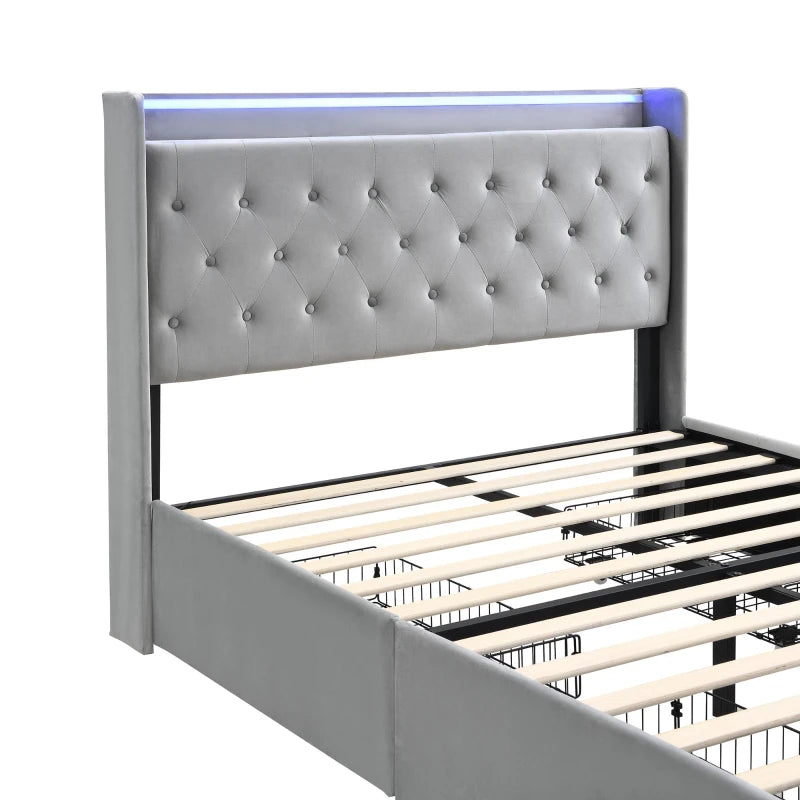 4ft6 Upholstered Double Bed with Velvet Headboard, 4 Storage Drawers, LED Lights & Charging Socket - Grey, 206L x 143W x 115H cm
