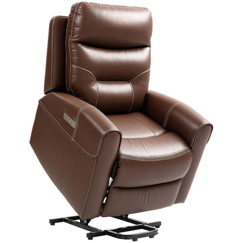 Overstuffed Faux Leather Power Lift Recliner Chair for Elderly with USB Ports and Remote Control, Brown