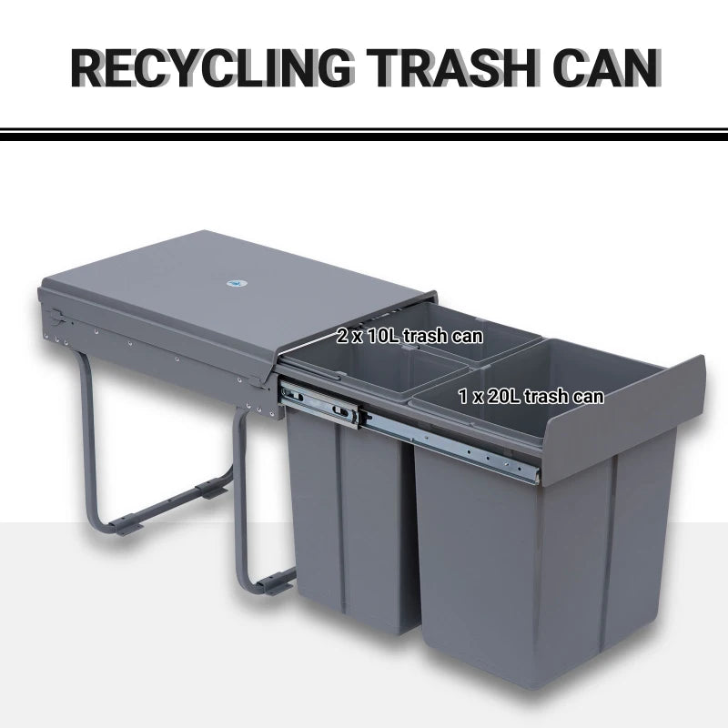 40L Pull Out Kitchen Recycling Bin with Soft Close - Grey Trash Can (1x20L + 2x10L) for Cabinets