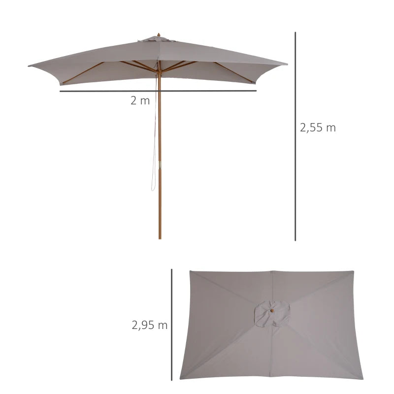 Wooden Garden Parasol Umbrella - Light Grey 2 x 3m Outdoor Sun Shade