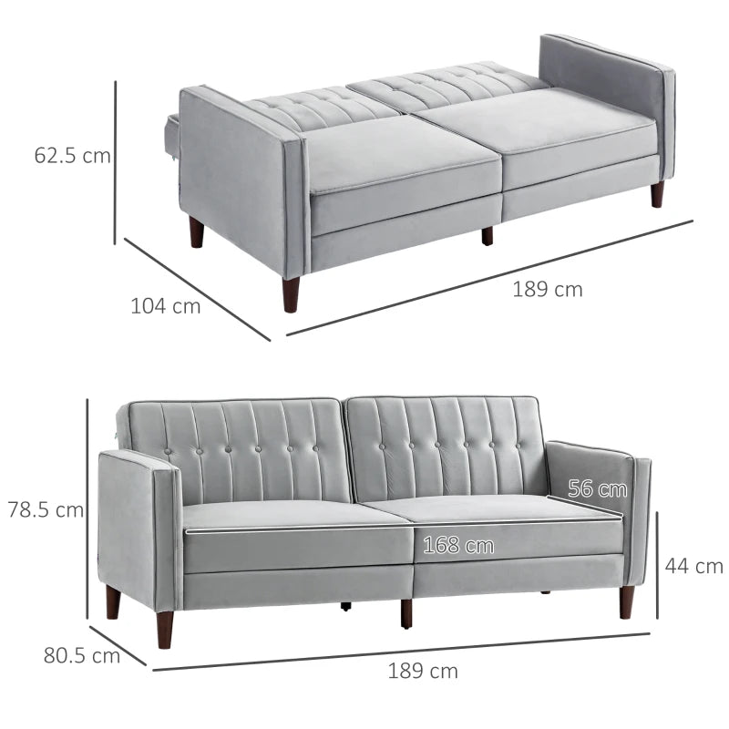 Modern Convertible Velvet Sofa Bed with Tufted Design, Compact Loveseat and Adjustable Split Back in Light Grey