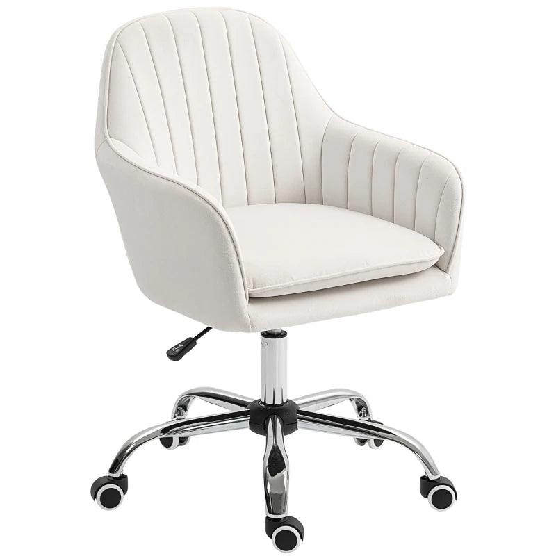 Cream White Velvet-Feel Office Chair with Adjustable Height & Smooth Wheels - Ergonomic Comfort for Home & Office