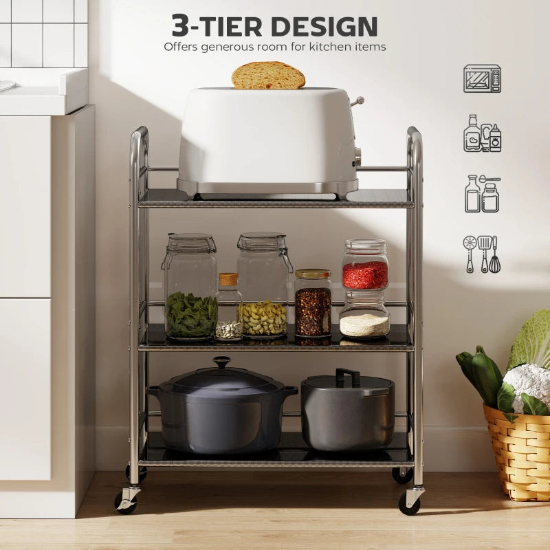 3 Tier Stainless Steel Kitchen Storage Trolley with Adjustable Shelf - Versatile Silver Cart for Organizing Kitchen Essentials