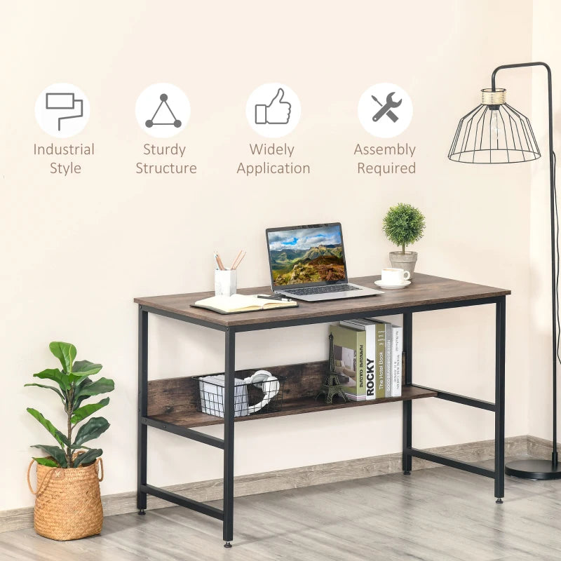 Rustic Brown Computer Desk with Storage Shelf - 120x60cm Home Office Study Table, Metal Frame, Easy Assembly