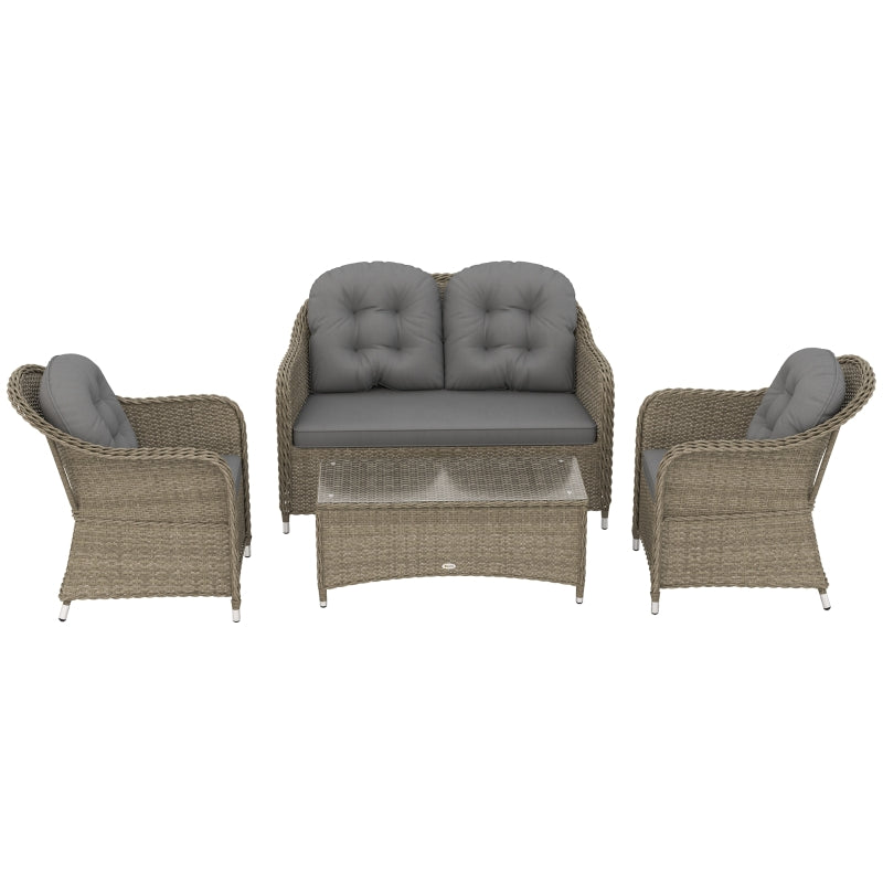 Stylish Light Grey Rattan Sofa Set with Glass Table