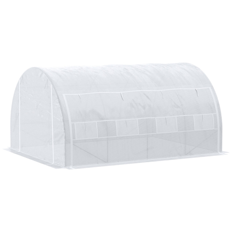 Green Walk-in Polytunnel Greenhouse with Roll-up Side Walls, Steel Frame, Zipped Door - White