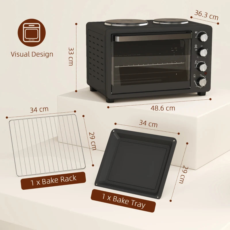 28L Electric Mini Oven with 2 Hot Plates - Countertop Toaster Oven for Baking, Grilling & Roasting - 2600W, Black