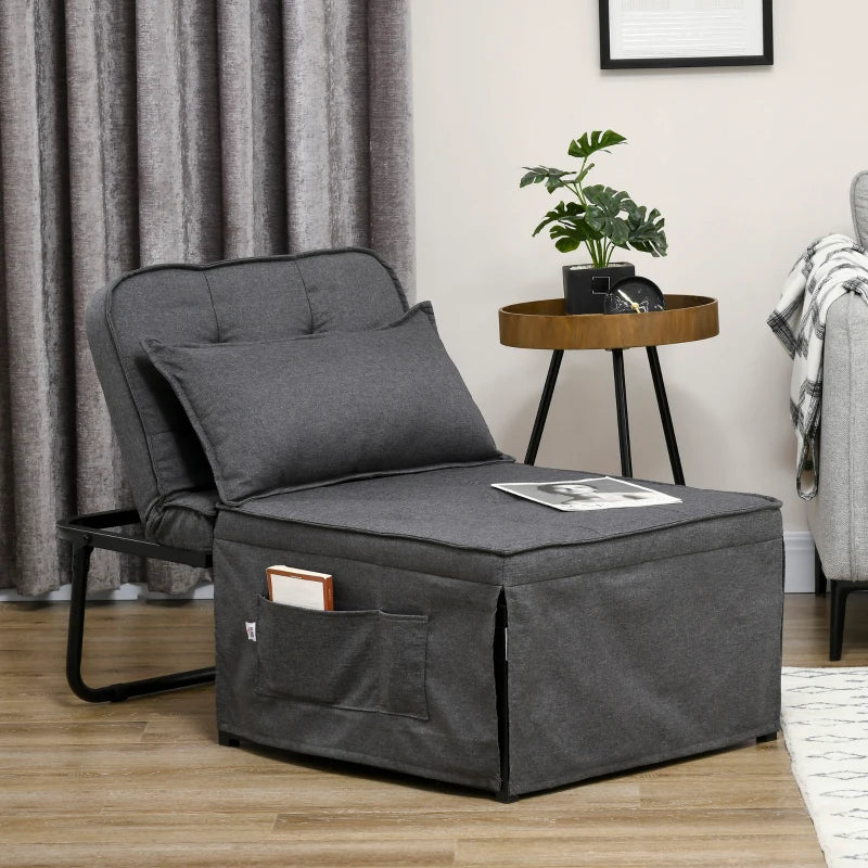 Adjustable Backrest Folding Sleeper Chair Bed with Pillow and Side Pockets for Living Room, Charcoal Grey