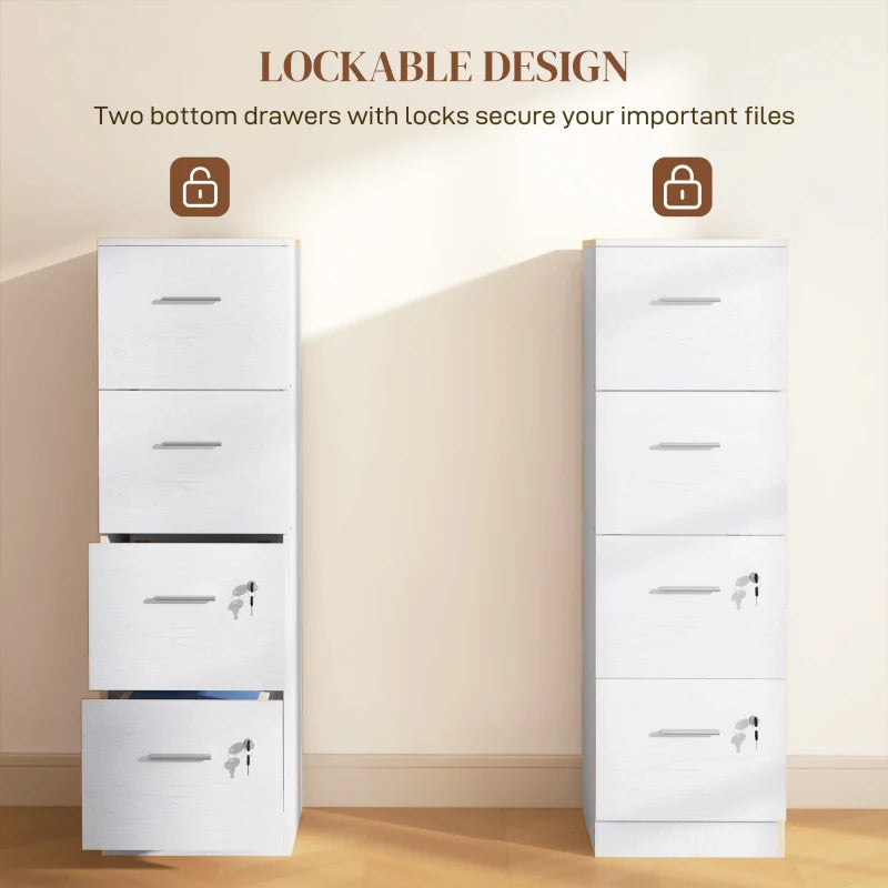 Stylish White Wood Effect Four-Drawer Lockable Filing Cabinet for Secure Document Storage - Ideal for Home or Office