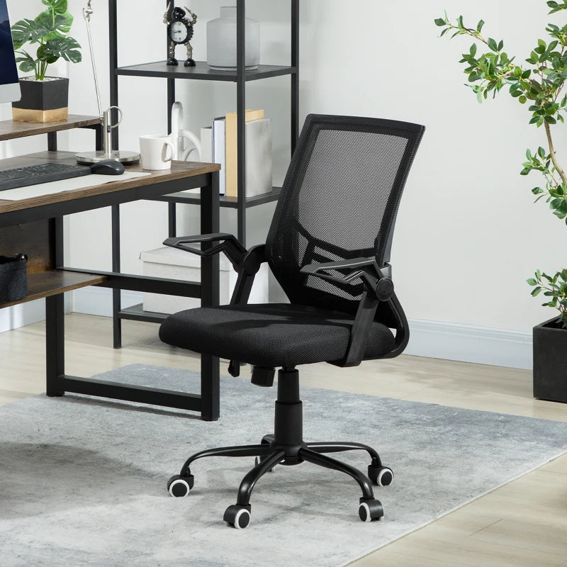 Vinsetto Ergonomic Mesh Office Chair with Flip-up Armrests, Lumbar Support & Swivel Wheels - Black Computer Desk Chair