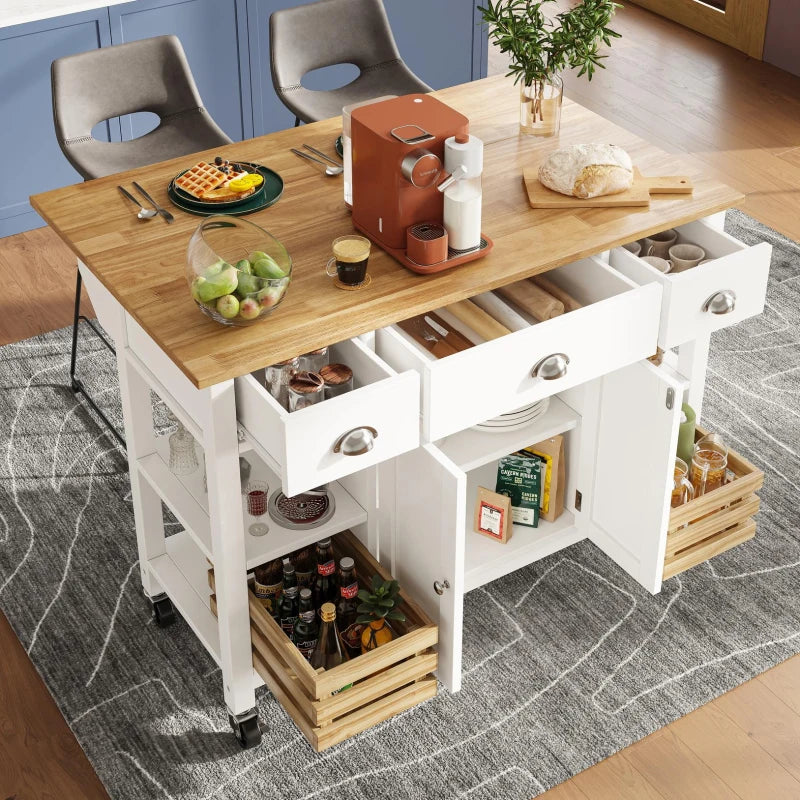 Rolling Kitchen Island Trolley with Adjustable Shelf, 3 Drawers, Spice Rack & Folding Side Board - White, 120x45x90 cm