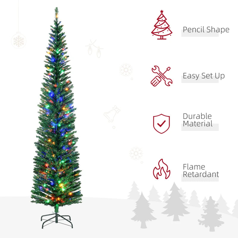7.5' Prelit Artificial Christmas Tree with Colorful LED Lights - Pencil Shape Holiday Decor with Durable Steel Base