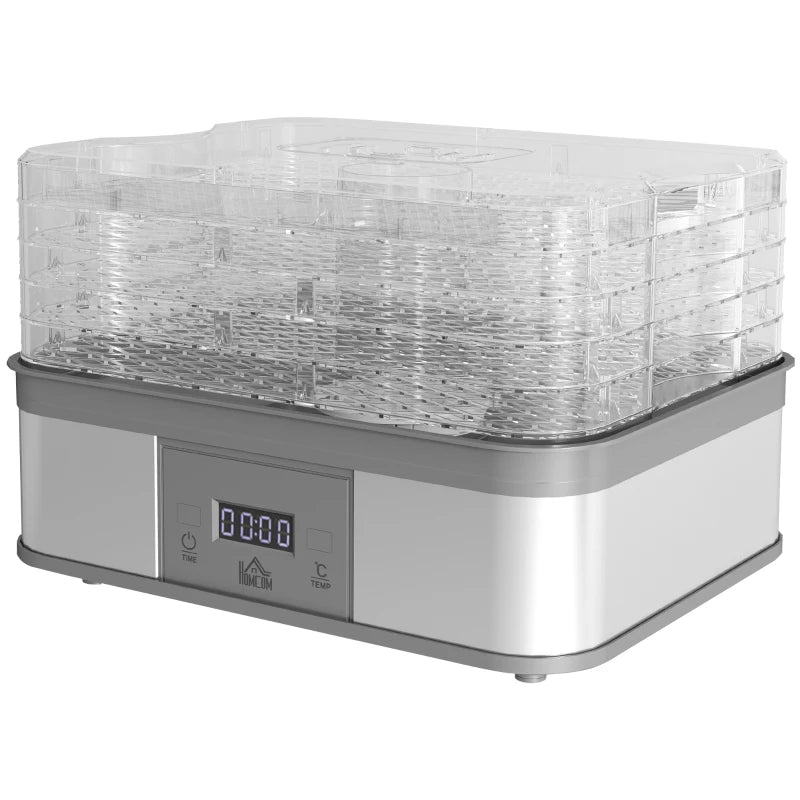 5-Tier Stainless Steel Food Dehydrator - 245W Adjustable Temperature & Timer, LCD Display for Fruits, Vegetables, Jerky & Pet Treats - Grey