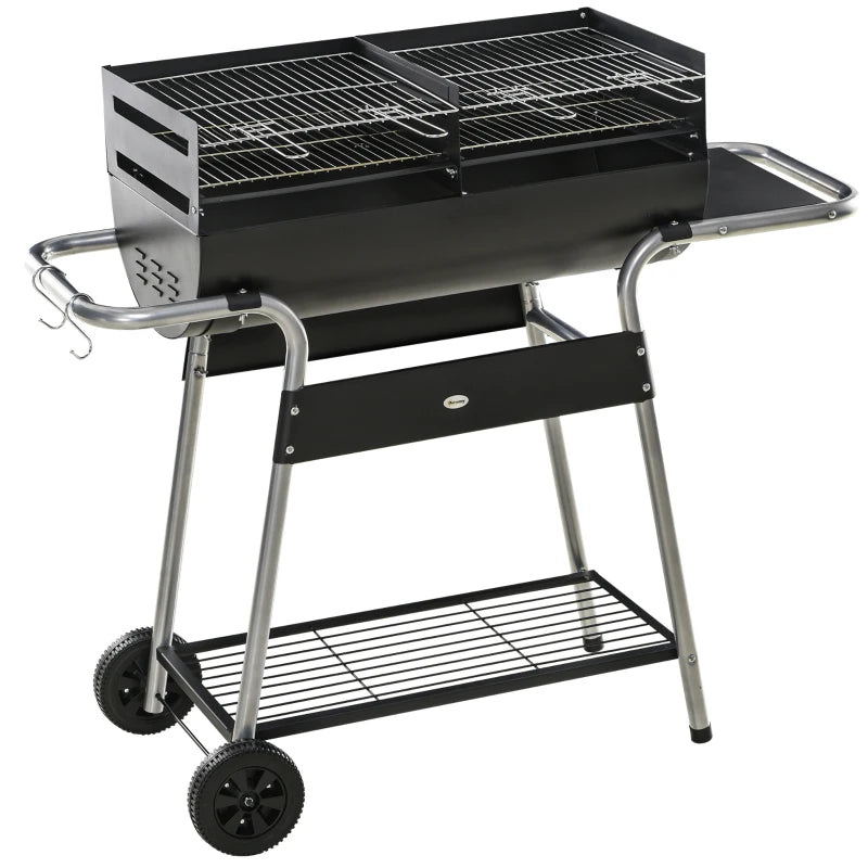 Charcoal BBQ Grill with Double Grill, Side Table, Storage Shelf, Wheels - Black