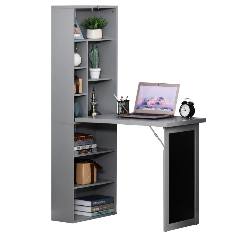 Folding Convertible Desk with Blackboard - Multi-Function Office Workstation & Side Shelf for Home Office - Grey