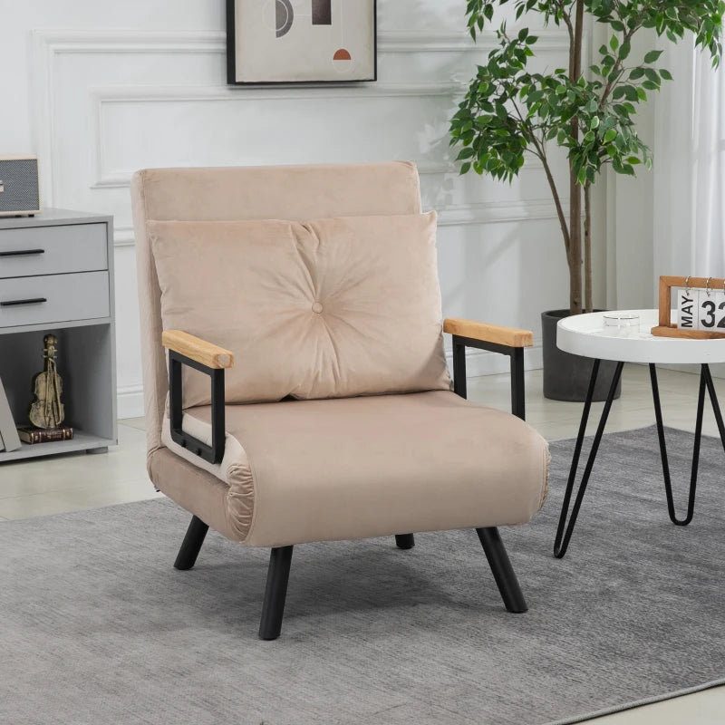 Velvet-Feel Single Chair Bed with Pillow in Beige – Versatile 4-in-1 Design for Comfort and Style