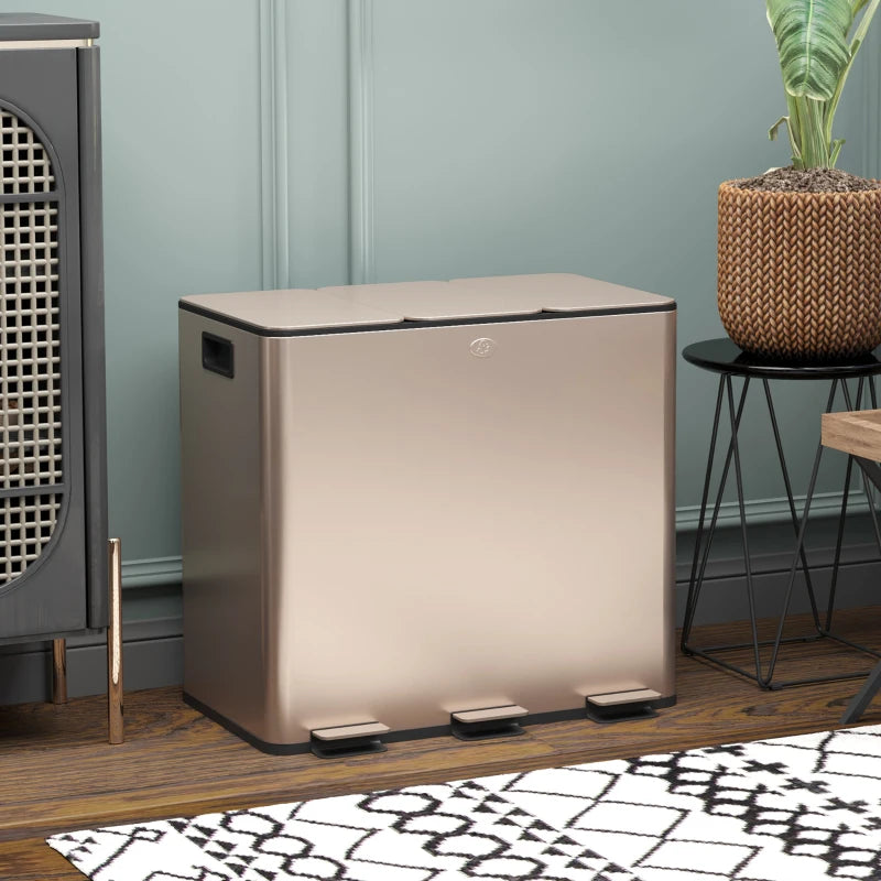 45L Triple Compartment Stainless Steel Bin with Deodoriser Holders - Elegant Gold Tone Waste Management Solution