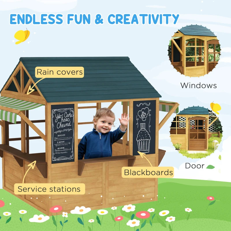 Wooden Playhouse for Kids with Foldable Design Windows Working Door and Service Stations