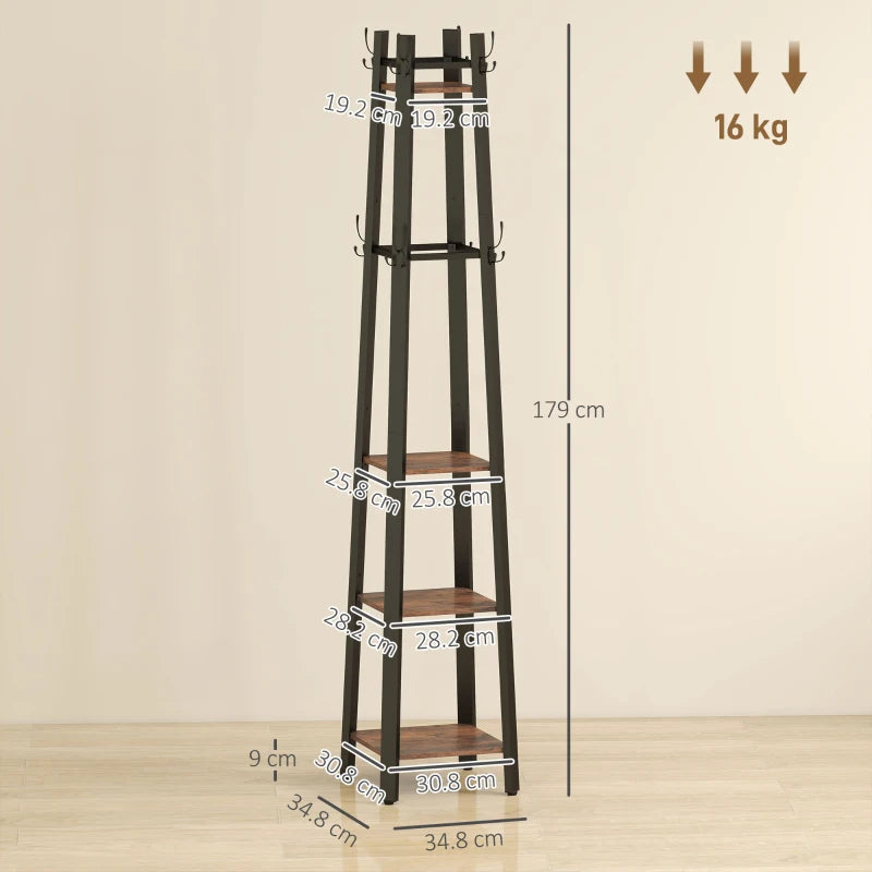 Industrial-Style Four Shelf Coat Stand - Rustic Brown and Black Entryway Organizer for Coats, Hats, and Accessories