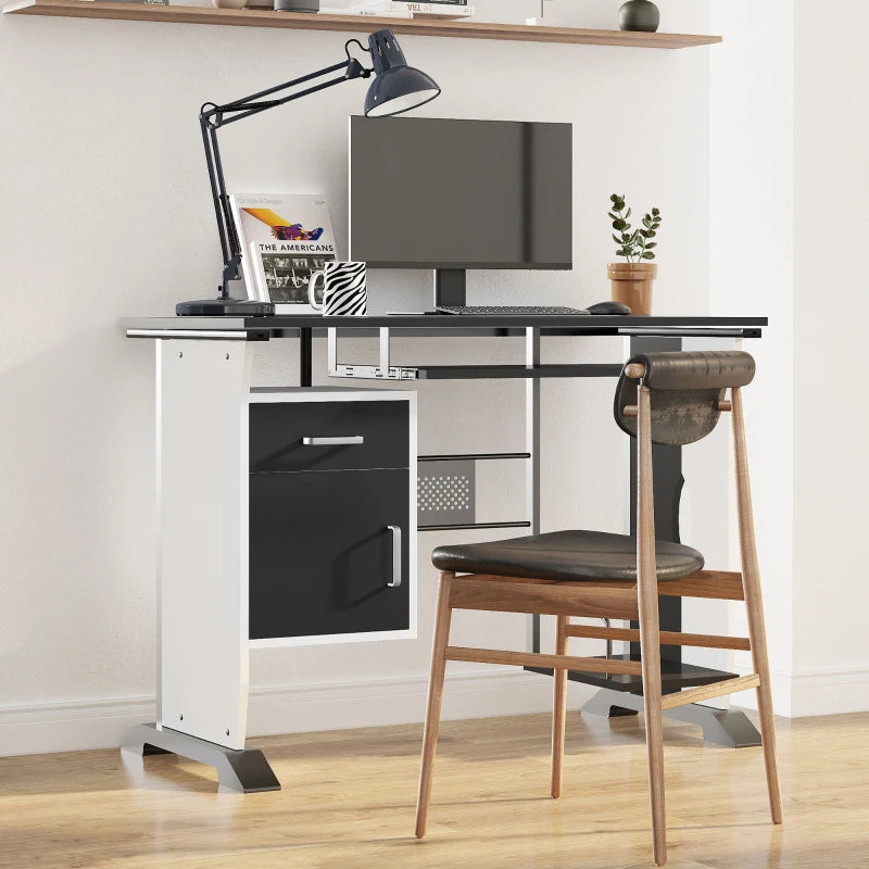 Black Computer Desk with Sliding Keyboard Tray, Storage Drawers & Host Box Shelf - Home Office Study Workstation 100x52x75cm