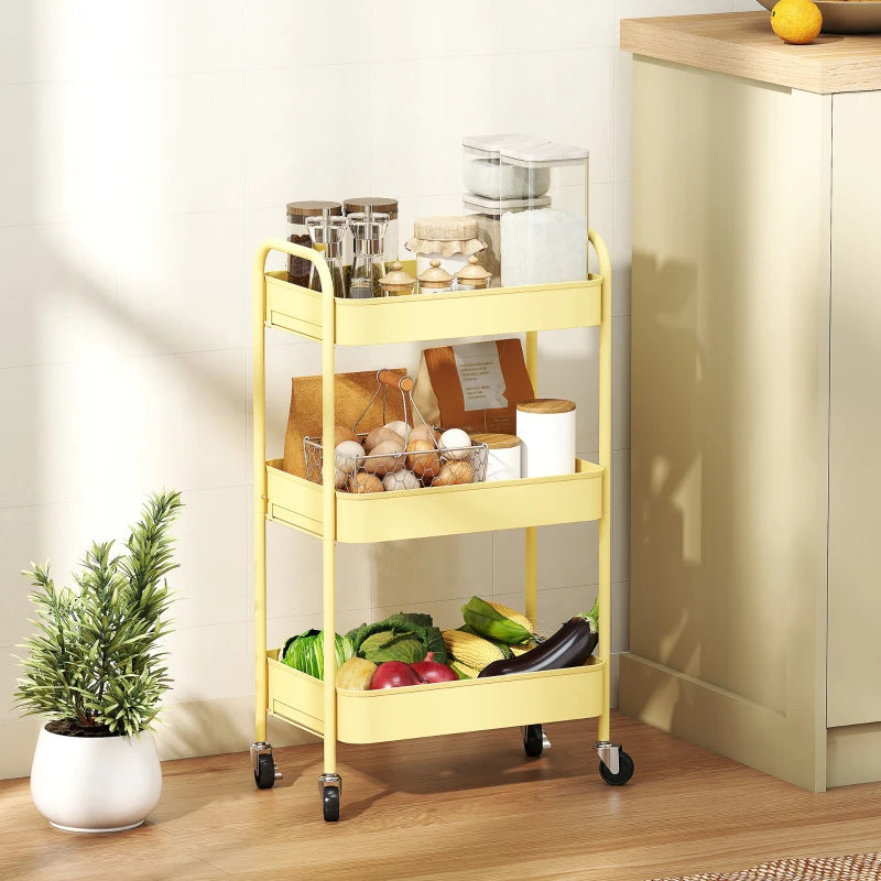 Three-Tier Yellow Steel Storage Trolley - Durable, Versatile Organizer for Home, Office, Kitchen & Garage