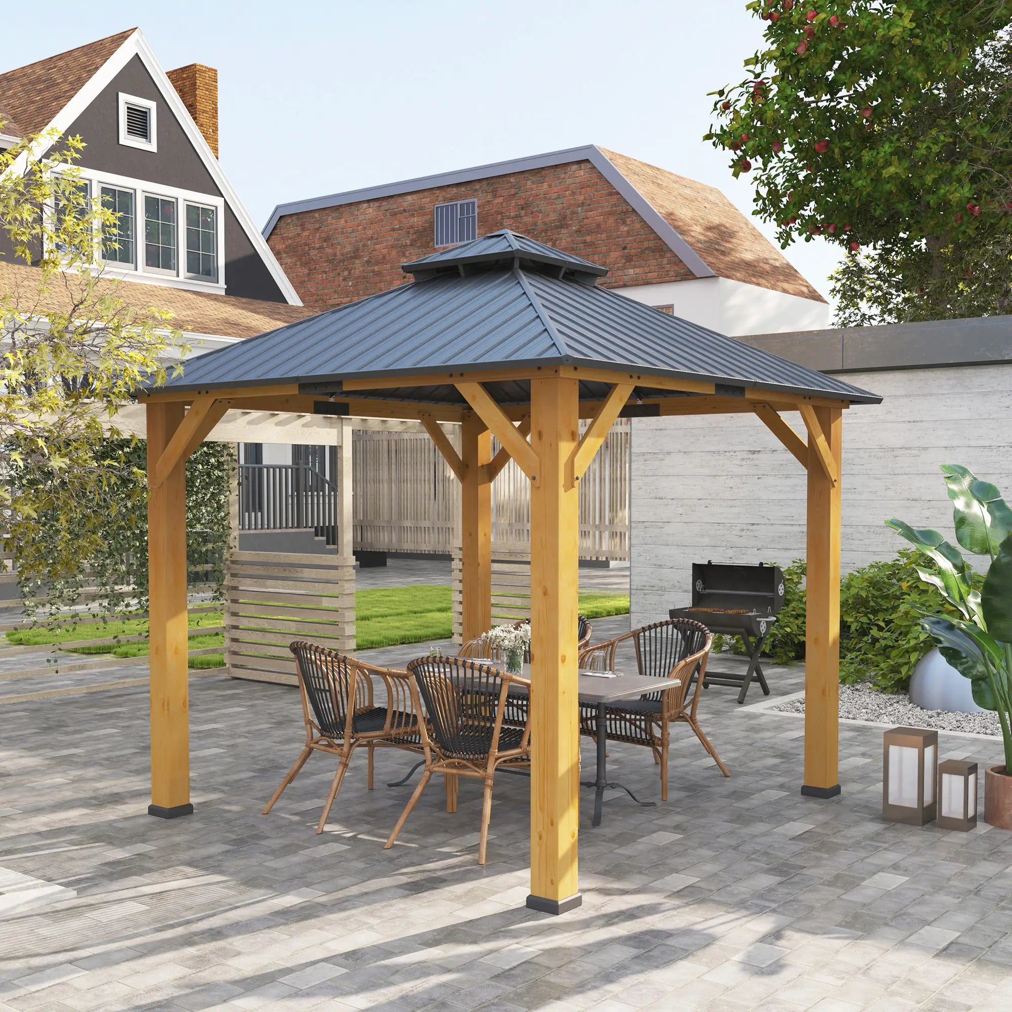Grey 3m x 3m Hardtop Gazebo Canopy with 2-Tier Roof and Solid Wood Frame