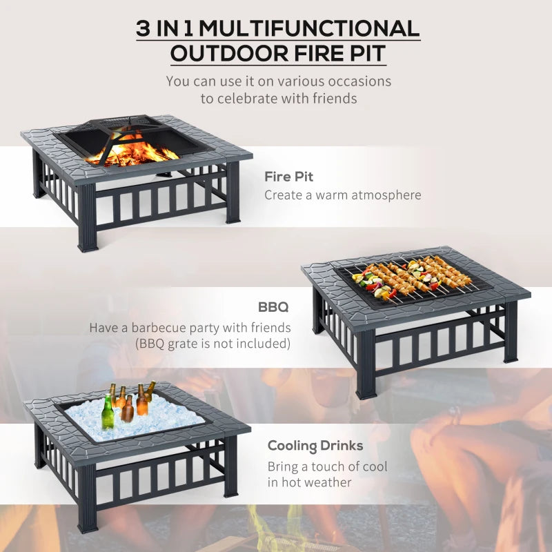 Large Square Metal Fire Pit with Cover & Grate - Outdoor BBQ Bonfire Stove for Backyard & Camping, 86x86cm, Black