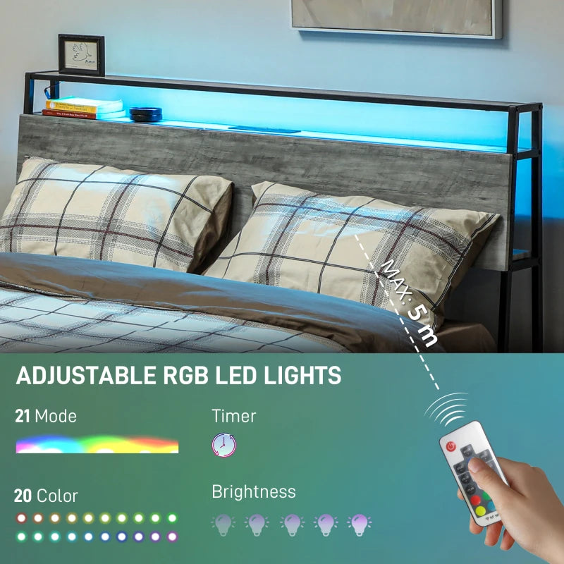 Modern Double Steel Bed Frame with LED Lights & Headboard Shelf - Stylish Grey Design for Ultimate Comfort