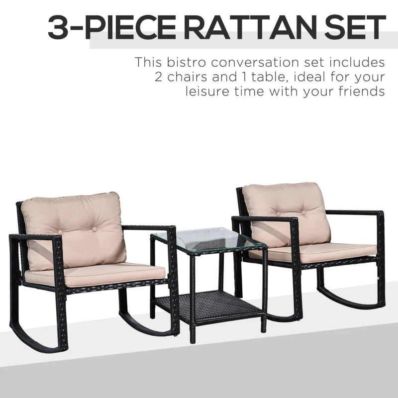 Black Rattan Rocking Chair Set with Cushioned Armchairs and Coffee Table