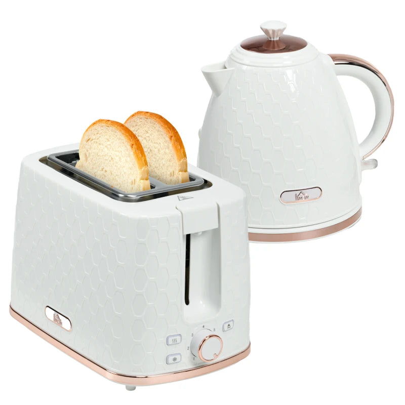 1.7L 3000W Fast Boil Kettle & 2 Slice Toaster Set - Auto Shut Off, Browning Controls, Stylish White Finish