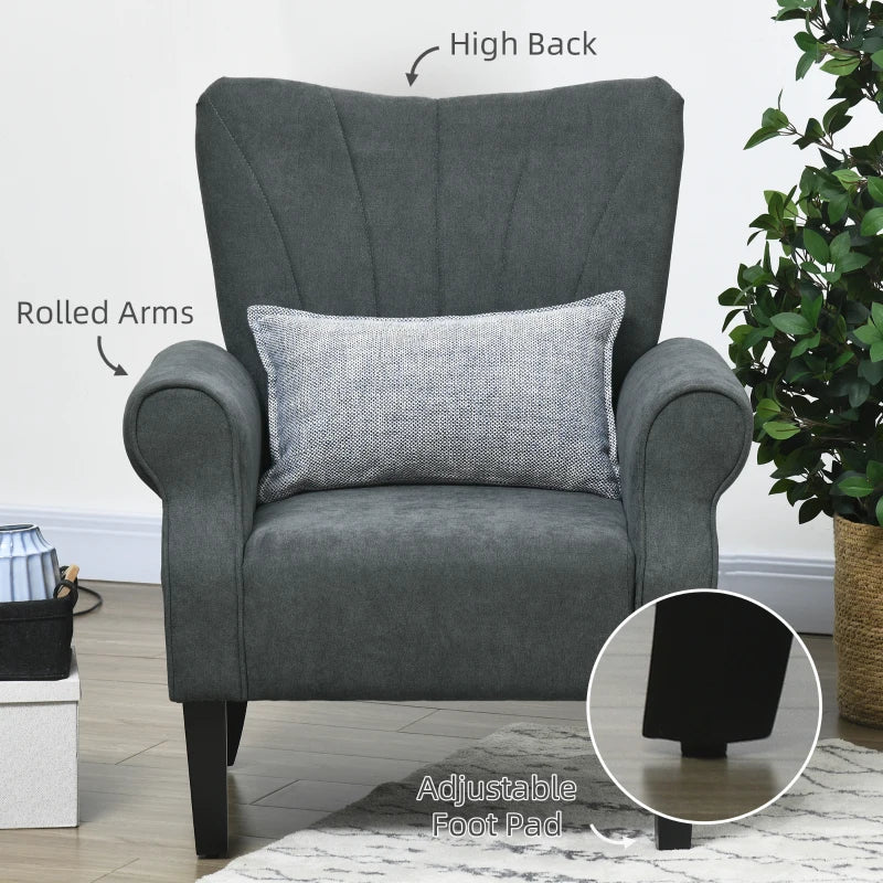 Stylish Upholstered Accent Chair with Rolled Arms and Wooden Legs for Living Room or Bedroom in Grey