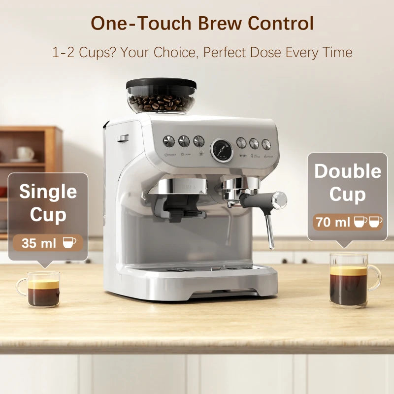 15 Bar Silver Coffee Machine with Adjustable Grind, Steamer & Accessories - Perfect for Espresso Lovers