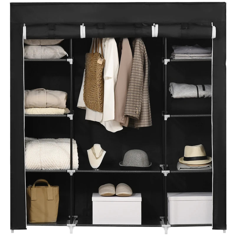 Portable Foldable Fabric Wardrobe Clothes Storage Organizer with Hanging Rail and Shelves Black