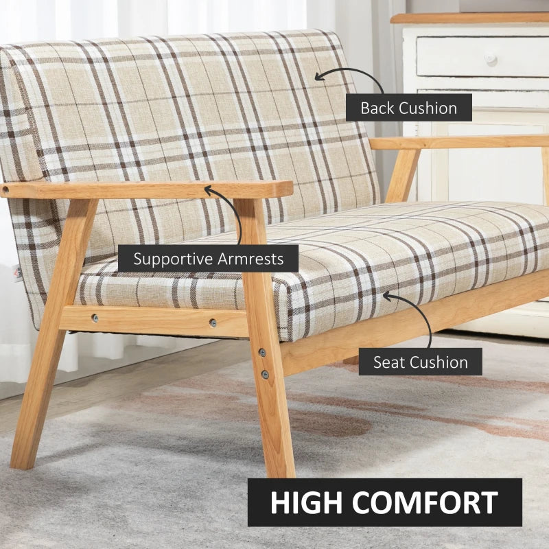 Compact Loveseat Sofa with Lattice Design and Rubber Wood Frame in Beige and Coffee