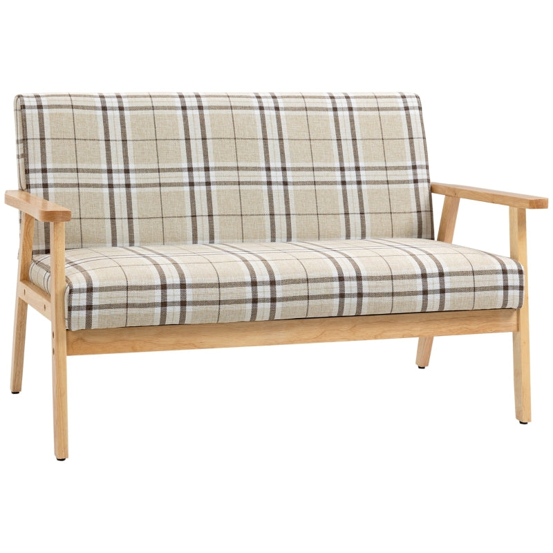 Compact Loveseat Sofa with Lattice Design and Rubber Wood Frame in Beige and Coffee