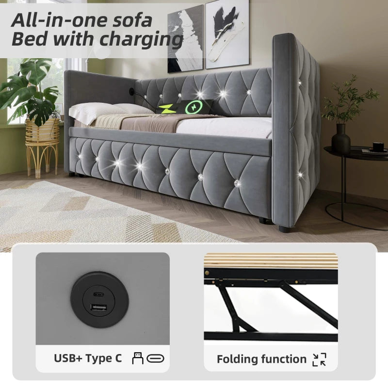 Elegant Velvet Upholstered Daybed with USB & Type C Ports, Pull-Out Trundle, Grey Sofa Bed for Bedroom, 203x101-194x76 cm