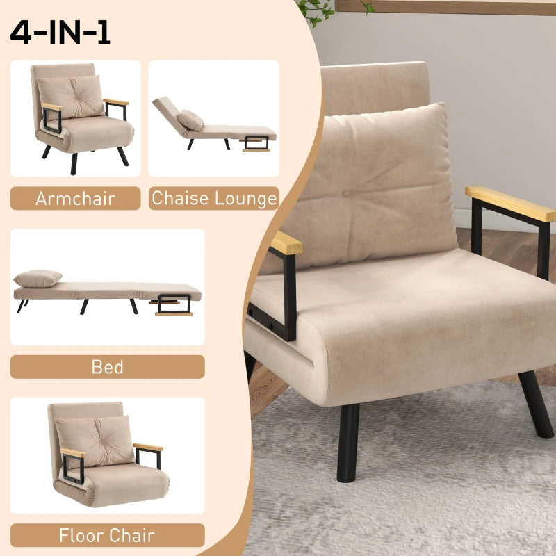 Velvet-Feel Single Chair Bed with Pillow in Beige – Versatile 4-in-1 Design for Comfort and Style