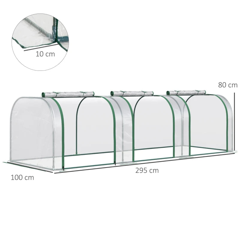 Green PVC Tunnel Greenhouse with Steel Frame and Zipper Doors 295x100x80 cm