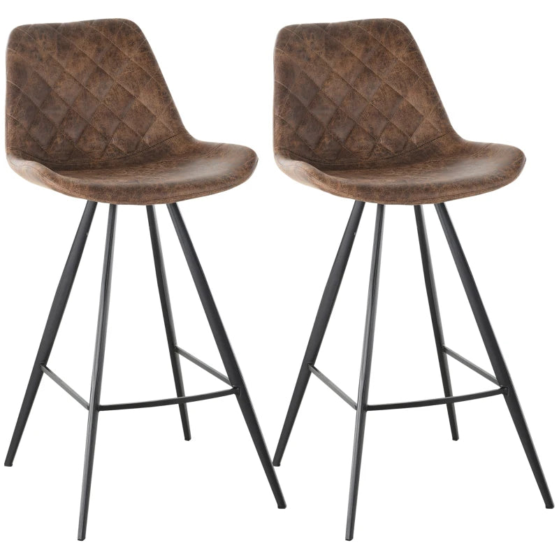 Set of 2 Vintage Microfiber Bar Stools - Comfortable Padded Tub Seats with Steel Frame & Footrest - Stylish Brown for Home & Cafe