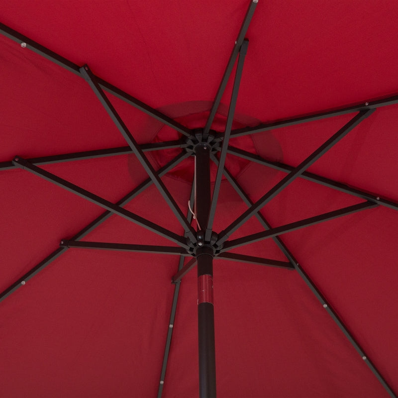 Red 2.7m Patio Garden Umbrella with Tilt Crank and LED Lights